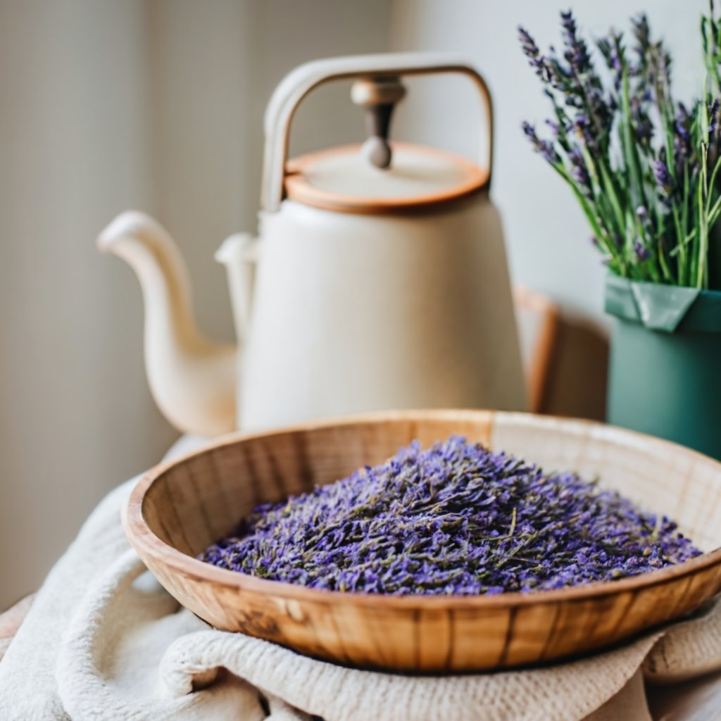 a wooden bowl showing dried lavender. The bowl is next to a ceam old fashioned style kettle