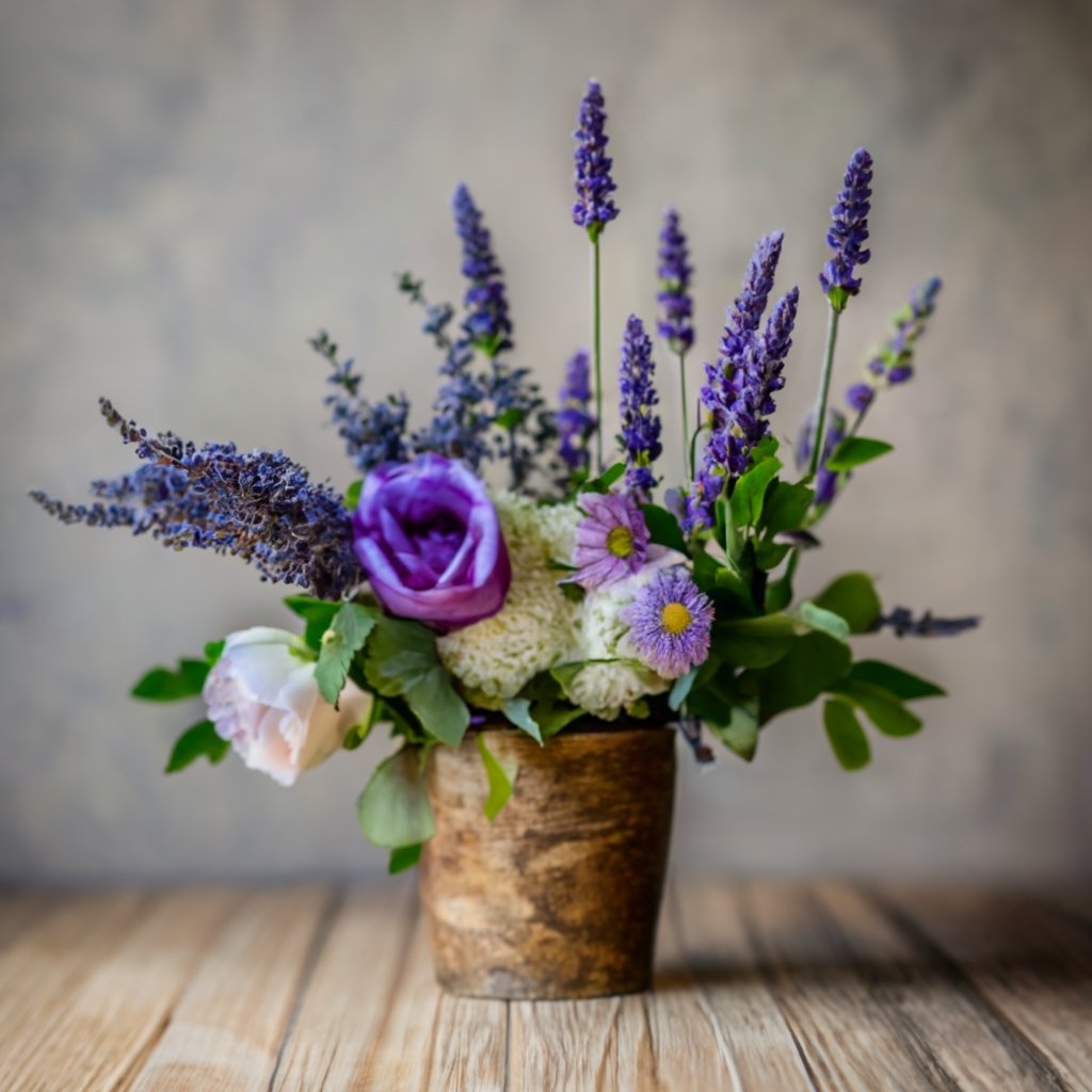 a purple including lavender floral arrangment in a gold pot on a small round table
