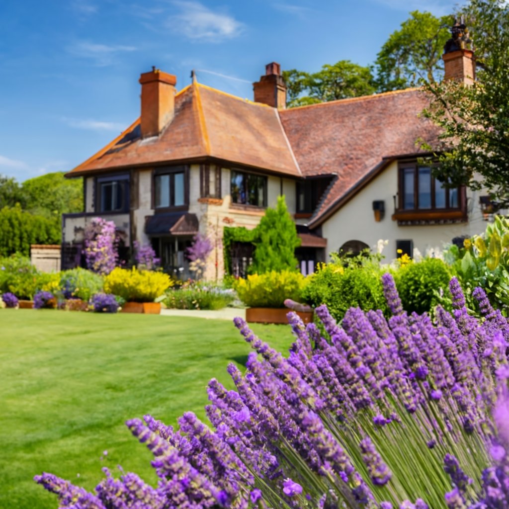 a large house with a landscaped garden with lavender growing in the borders Follow the guide on choosing the When choosing the best lavender for your garden, 