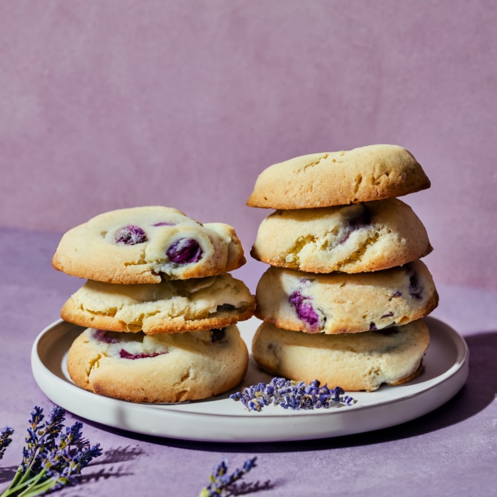 7 lavender cookies stacked in two piles on a white plate with a lavender colourd background and stems of lavender placed next to the plate. Made by following the guide on how to How to Use Lavender Every Day