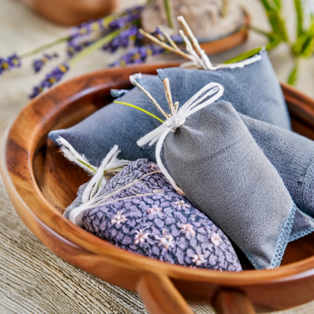 a basket displaying several lavender sachets of various colours each tied with a ribbon after following the guide on Learn How to dry lavender, 