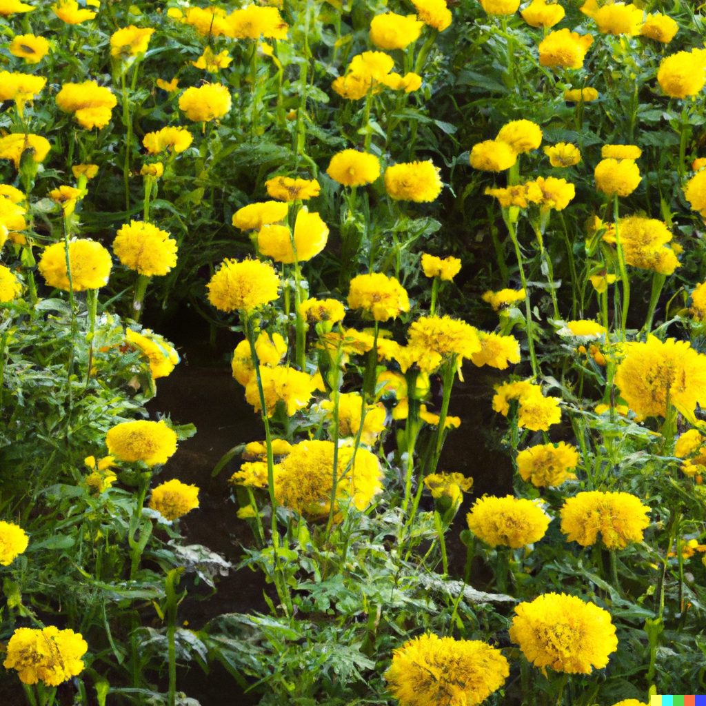 A great companion plant Marigold plants. dozens of yellow flowers with greenery around them