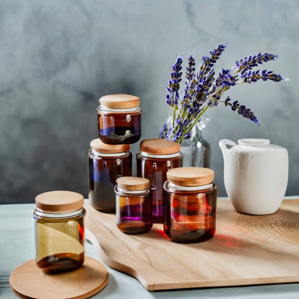 a number of amber coloured storahe jars for stoeing lavender placed on a table with a vase od lavender stems behind them