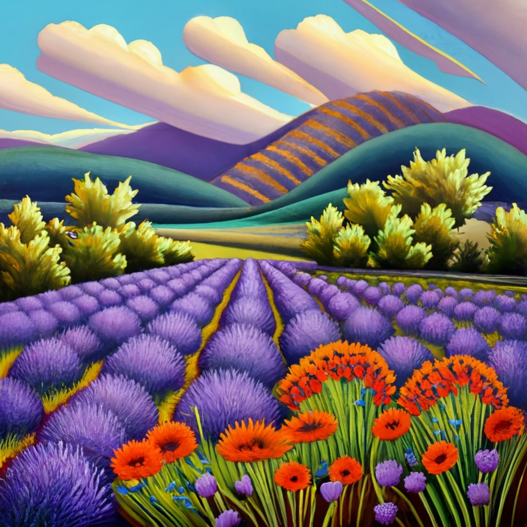 Lavender Species in an artists impression of a lavender farm. 