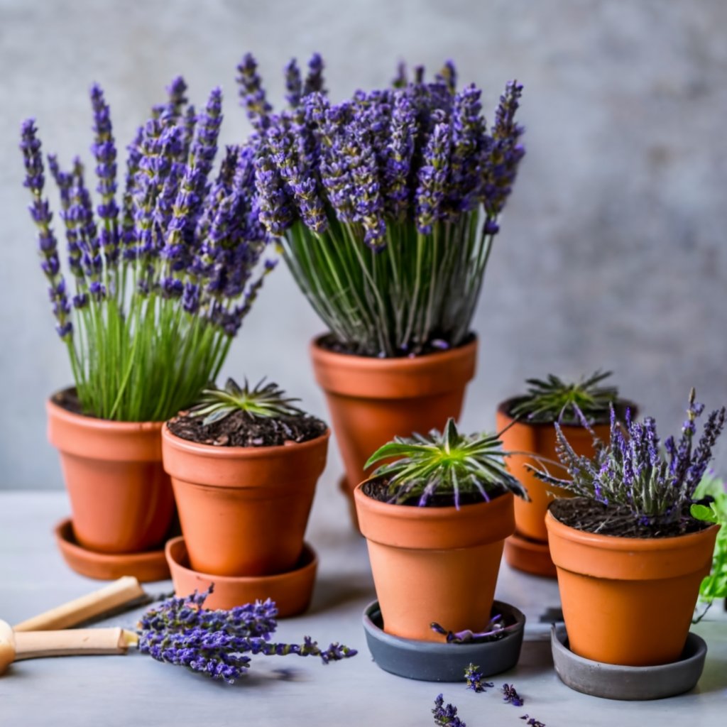 lavender cuttings in 6 small plant pots