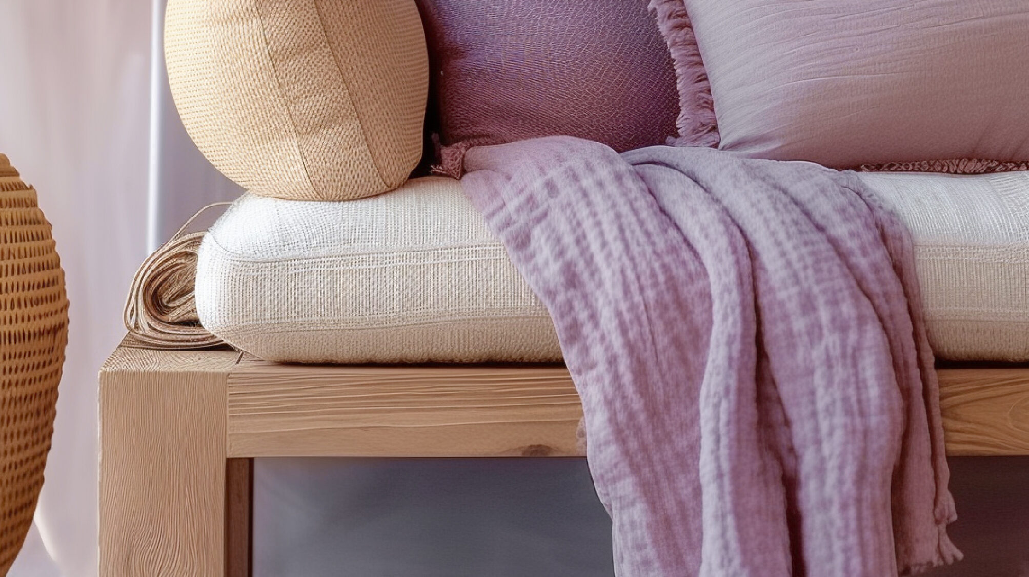 A natural coloured living space with a large vase of lavender. Some cream and purple scatter cusions on a sofa Lavender-Infused Room Sprays would work well here.