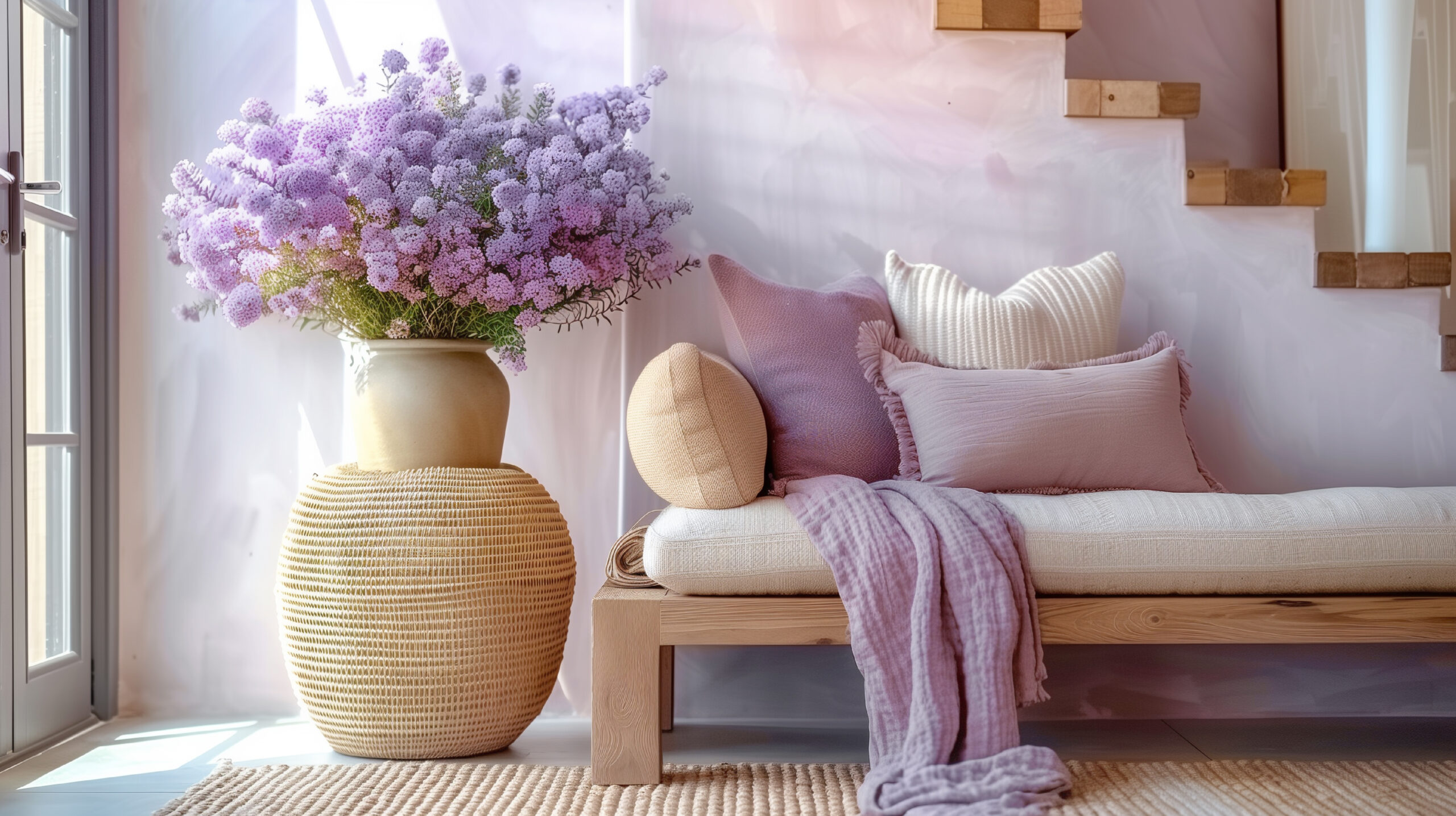 A natural coloured living space with a large vase of lavender. Some cream and purple scatter cusions on a sofa Lavender-Infused Room Spray would work well here.