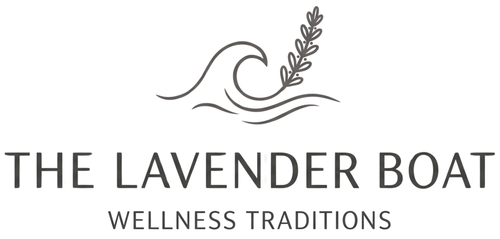 Logo for The Lavender Boat Wellness Traditions. A minimalist line art icon features a cresting ocean wave with a sprig of lavender rising from the water, positioned above the text "THE LAVENDER BOAT" and "WELLNESS TRADITIONS" in a clean, dark grey serif font against a white background.